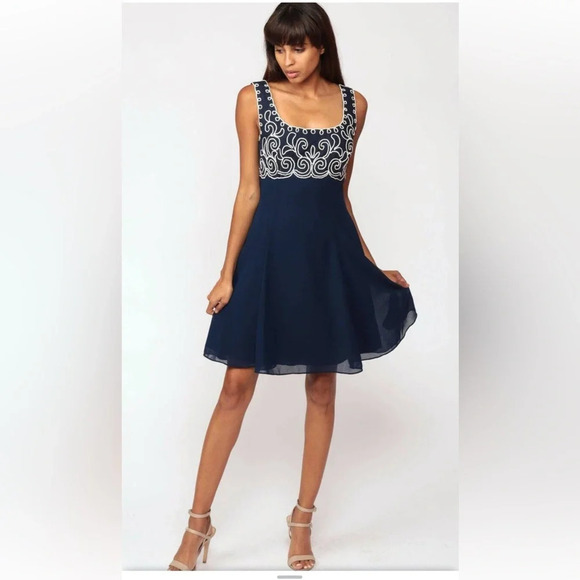 Scott McClintock 90s Party Dress Babydoll Mini Dark Blue Romantic dress size 10P - Picture 1 of 13